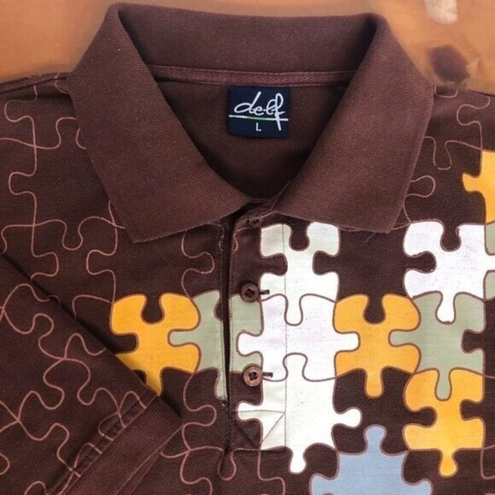 Delf Mens Large Brown Orange White Puzzle Hip Hop Hand Painted Short Sleeve Polo